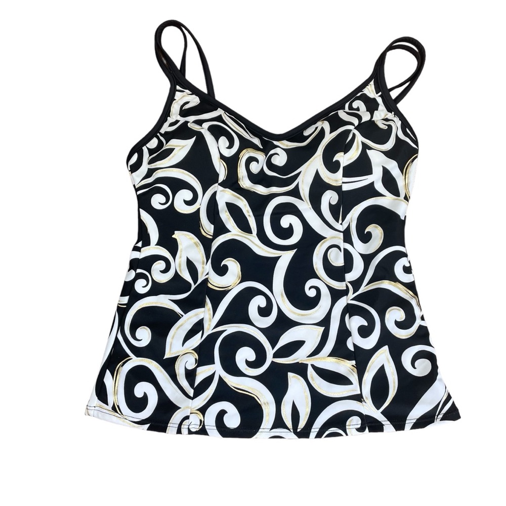 Miraclesuit Tankini Swim Top Estilo Floral Black White Gold Metallic Size 10